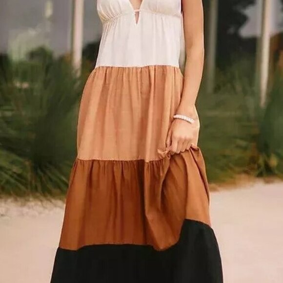 NWOT Anthropologie Colorblock Maxi Dress L Sleeveless Cutout V Neck Printed NWOT - Picture 1 of 8